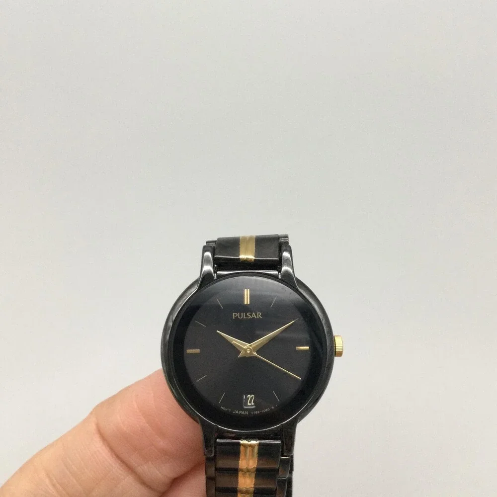 Pulsar Womens Watch 24mm Black Gold Tone Bracelet Date V722-0590 New Battery 7